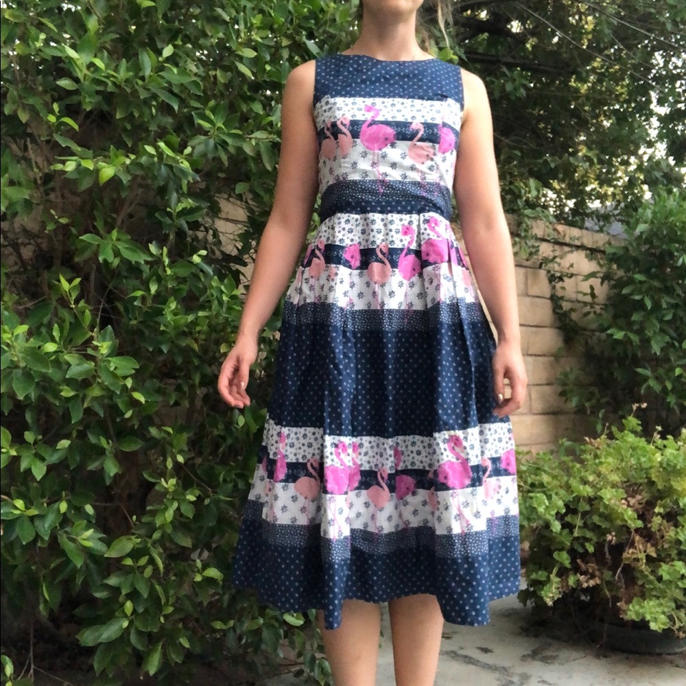 Flamingo print tea-length dress with pockets